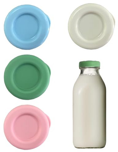 4 Pcs Milk Bottle Tops,Reusable Silicone Mixed,Glass Caps,Replacement Colorful Lids for Stanpac and Libbey Milk Bottle,Perfect Fit UK one Pint Milk Bottles,Dishwasher and Fridge Safe,Pastel Designed