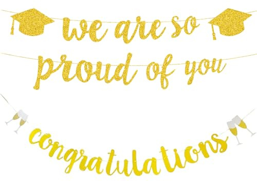 2 PCS Decorazioni Laurea, Banner Congrats Grad e Cappello di Laurea, Banner We Are so Proud of You e Congratulations per Casa Festa Laurea Gadget Fai da Te (Oro)