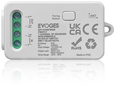 EVOGES Firefly - Ricevitore RF a 1 canale, opzioni dimmerabili o non dimmerabili, Smart (Wifi + Bluetooth) e controllo relè standard (ricevitore RF intelligente (WIFI + Bluetooth) non dimmerabile)