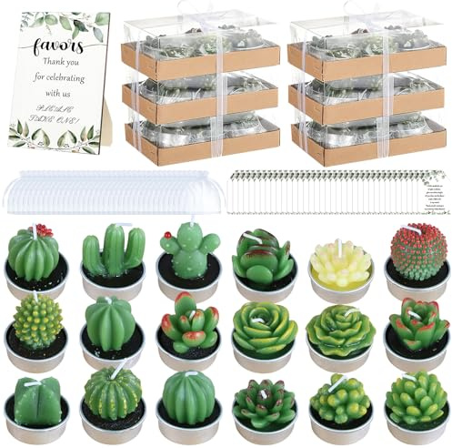 36 Stück Kaktus Teelichter Set für Gastgeschenke, Mini Sukkulenten Kerzen Deko, Anlage Teelichtkerzen mit Geschenkbeuteln Dankeskarten Holzschild für Hochzeit Babyparty Geburtstag Gäste Mitgebsel