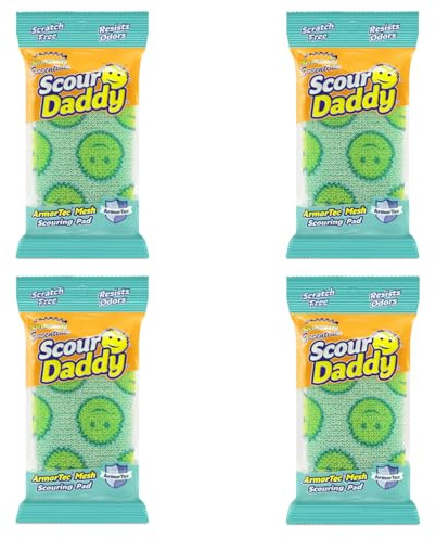 Scrub Daddy Scour Daddy Essentials, Pack of 4 | Scourers Sponge, Non Scratch Scouring Pads, Heavy Duty Scourer Pad for Cleaning Dishes, Alternative to Metal Kitchen Scourers