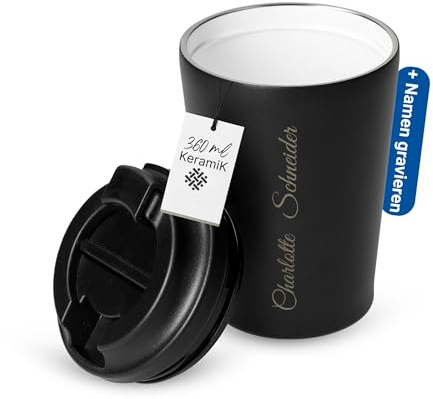 Personalisierter Kaffeebecher to go 360ml - Edelstahl außen Keramik innen | Coffee to go, doppelwandig, hält lange warm, Büro, Auto, Reise, spülmaschinengeeignet, Trinkbecher