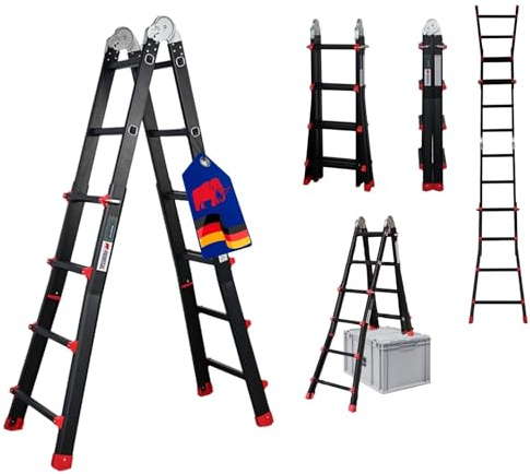 PROREGAL Sprossen-Mehrzweckleiter APOLLO 3-in-1 Aluminiumleiter 4x4 Sprossen bis zu 4m Höhe Traglast 150kg Schwarz Treppenleiter Multifunktionsleiter Klappleiter Teleskopleiter Stehleiter Anlegeleiter