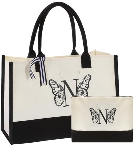 QUARKZMAN Initial Canvas Tragetasche Mit Kosmetiktasche Wiederverwendbare Strandtasche Personalisierte Geschenke Für Frauen Einkaufstasche Mutter Lehrerin Geschwister (Buchstabe N)