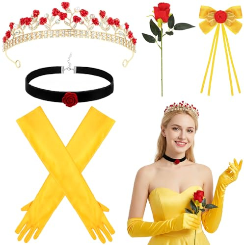 BTHRORO Belle Kostüm Damen, Prinzessin Krone Haarschmuck Handschuhe Halskette Rosen Gelbes Ballkleid Accessoires für Die Schöne Und Das Biest Kostüm Halloween Faschingskostüme