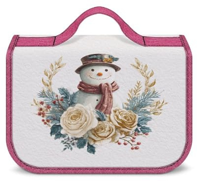 Trousse de Toilette de Voyage pour Femme, Motif Bonhomme de Neige, Roses dorées et Baies de Houx, avec Crochet pour shampoing et Organisateur de Maquillage Suspendu.
