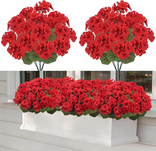 Fairblo 6 Pezzi Bouquet di Gerani Fiori Finti da Esterno Rossi Gerani | Fiori Artificiali Realistici Fiore Finti in Seta Bouquet Fiore Artificiale per Decorazioni Balcone Patio Giardino