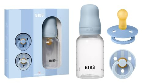 BIBS Baby-Geschenkset, 0-6 Monate, Flasche & 2 Schnuller, Baby Blue | 150-ml-Flasche | 2 Colour Schnuller | Neugeborenen-Essentials | Geschenkfertiges Set | Hergestellt in Dänemark