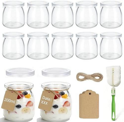 Lot de 12 pots à yaourt transparents de 200 ml avec couvercles – Verres à dessert réutilisables pour confiture, miel, bougies – Passent au lave-vaisselle, au micro-ondes et au congélateur, sans BPA