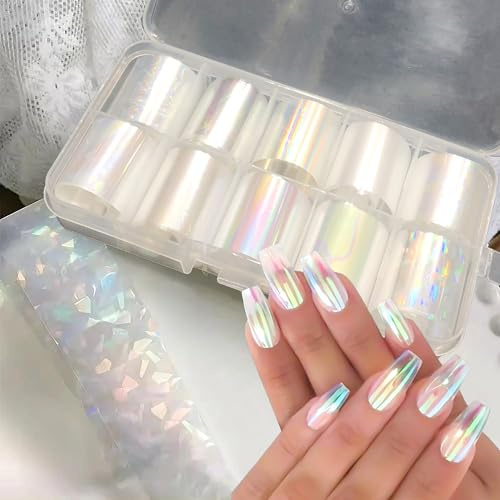 Zosutetoxo Stickers, 10 Rolls Nail Stencils & Transfer Foil, Holographic Aurora Nail Foil Stamping Stencils for Nails