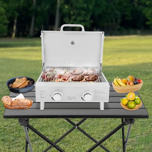 Barbacoa de gas portátil de mesa con 2 quemadores de acero inoxidable, barbacoa de gas para camping, pequeño hornillo de gas con termómetro y tapa, método de encendido piezoeléctrico, para balcón