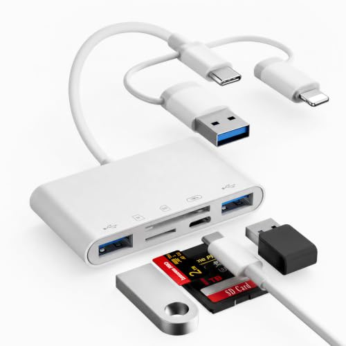 Ticenpe Lecteur de cartes SD USB C USB A Lightning - Adaptateur de carte 5 en 1 avec SD/Micro SD/2 ports USB/port de charge C, lecteur de carte mémoire pour iPhone, iPad, MacBook, Android, etc
