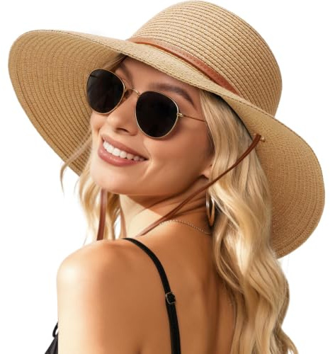 Cosblisvia Sombrero de Sol para Mujer Sombrero de Paja para Mujer Sombrero 49-59 CM con ala Ancha, Correa para la Barbilla para Mujer, viajeras, jardineras para Playa, Vacaciones, jardín, Ciudad,