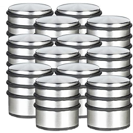 12x Fermaporta, Blocca Porte da Pavimento, Acciaio Inox, Gomma Antigraffio, Rotondo, Metallo, HxD: 7,5 x 7 cm, Argentato