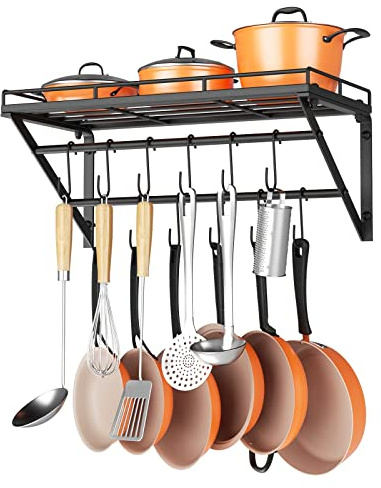 OROPY 23 Inch Wall Mounted Pot Rack Storage Shelf with 2 Tier Hanging Rails 12 S Hooks included, Ideal for Pans, Utensils, Cookware, Plant Black