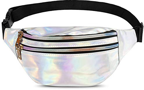 Qisiewell Mode-Bauchtasche Wander-Hüfttasche Sport-Gürteltasche 3 Fächer Reißverschluss Verstellbarer Gurt Damen/Herren (Laser-Rosa/Weiß) (Weiß)