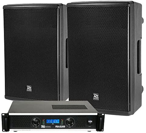 Power Dynamics Sistema Sonido 2x350W RMS con Amplificador PDA-B1000, 2 Altavoces PD415P de 15, Cables incluidos, Ideal para Eventos, DJ móviles, Catering y autocines