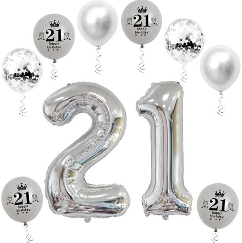 XL Folienballon 21 Geburtstag, Folienballon Zahl 21, Zahl 21 Silber, Luftballons Zahl 21, Nummer 21 Luftballon Silber, 32 Geburtstagsdeko Ballon 21