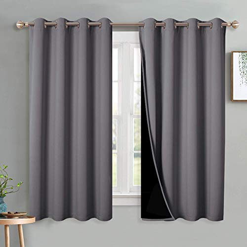 PONY DANCE 100% Blackout Curtains - Double-Layer Thermal Insulated 46x54 Inch Bedroom Curtains, Energy Saving & Noise Reducing, Grey Eyelet Window Drapes (Set of 2 Panels)