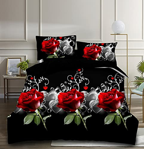 THL 4 Pcs Complete Bedding Set 3D Design Floral Printed Duvet Cover with Fitted Sheet Pillowcases (Red Rose Black Base 359, Super King)