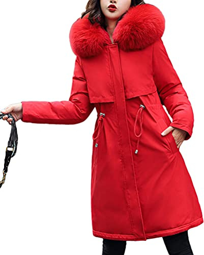 Minetom Manteau Femme Hiver Doudoune Chaud Parka Longue Blouson À Capuche en Fausse Fourrure Trenche Grande Taille Duvet en Coton A Rouge S