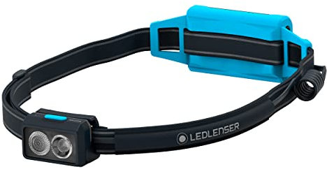 Ledlenser NEO5R LED Stirnlampe Joggen | Kopflampe mit 600 Lumen | Lauflampe mit Akku wiederaufladbar mit rotem Rücklicht | reflektierendes Stirnband, Brustgurt, Lampenkopf schwenkbar | schwarz/blau