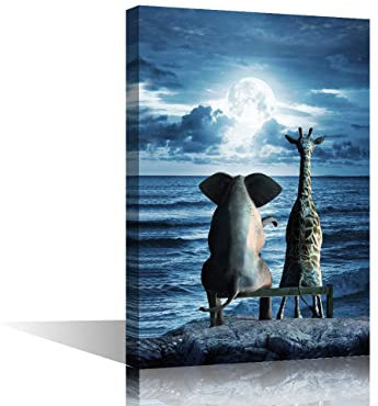 Canvas Wall Art Modern Canvas Art Animal Elephant and Giraffe Abstract Pictures Blue Ocean Wall Artwork for Living Room Bedroom Wall Decor Office Wall Painting Ready To Hang 16x24inch