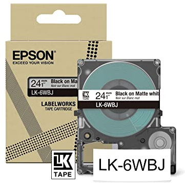 Epson Etikettenkassette, mattes Beschriftungsband LK-6WBJ schwarz auf weiß, langlebiges Band für Epson LabelWorks Etikettendrucker, wasser- & verschleißfest, 8 m x 24 mm