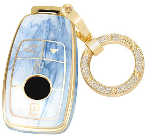 SWEETBOND Für Mercedes Benz Schlüsselschutz Schlüsselanhänger Abdeckung 2022, Mode Schlüsselhülle mit Diamant Gold Schlüsselanhänger (Blau)