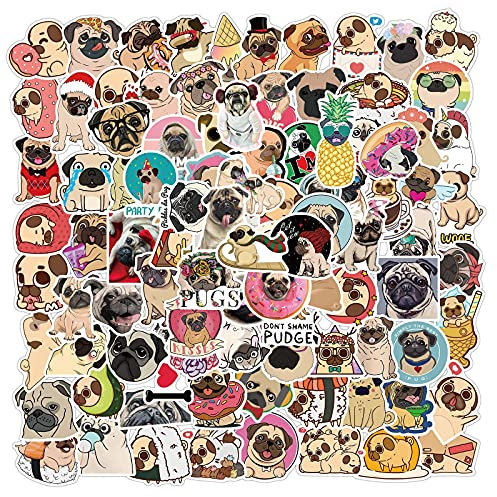 100Pcs Cute Cartoon Animal Pug Stickers for Water Bottles Tumbler Luggage Skateboard Bumper Scrapbook Mug, Sticker Gift for Kids Teens Adults