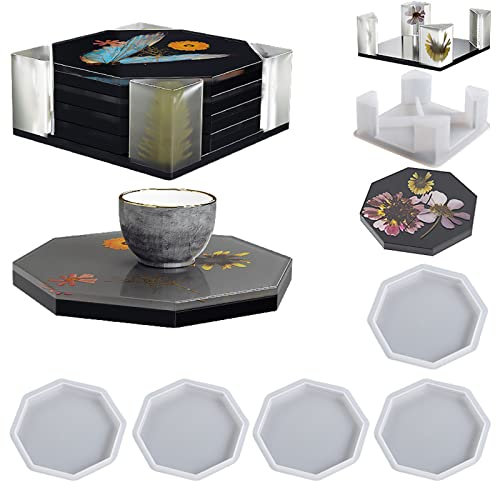 JS MOLD Silikonform Tablett Untersetzer,5 Stück Silikonform Untersetzer Epoxidharz,Untersetzerform Epoxidharz Formen mit Untersetzer Halter,DIY Untersetzer Silikon Formen Gießformen
