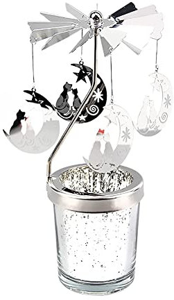 Surakey Windlicht Teelichtkarussel aus Glas Teelichthalter,Silber Karussell Teelichter Kerzenhalter,Motiv Mondkatze Windlichter Teelicht Kerzen Halter Geschenk Dekoration für Hochzeit,Weihnachten