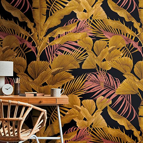 Livingwalls Travel Styles Papier peint non tissé Motif feuilles Noir et doré Pour différentes pièces 1,59 m x 2,80 m