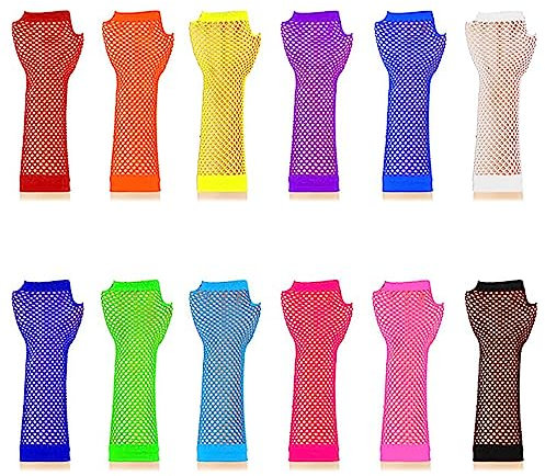 Carnavalife 24pcs Guantes de Rejilla sin Dedos Guantes Malla para Niña Mujer Disfraz 80s Ochentero Años 80 Rockero Vintage Retro Neon Discoteca Halloween Carnaval (24pcs MULTICOLOR LARGE)