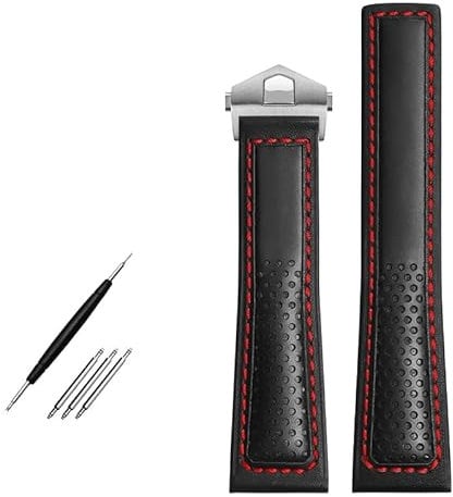 BONOOL Rindsleder-Uhrenarmband, 22 mm, für Tag Heuer Fiyta Tissot Uhrenarmband, rote Nähte, echtes Lederarmband