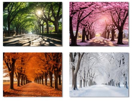 CXHOSTENT 4 Jahreszeiten Leinwand Wandbilder Frühling Sommer Herbst Winter Vier Jahreszeiten Kunstdrucke Bunte Baum Wald Landschaft Bilder Home Decor (B, 50.00 x 75.00 cms x 4PCS)