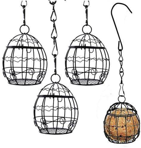 4pcs Fat Ball Bird Feeder,Black Metal Fat Ball Bird Holder, Hanging Bird Feeder Metal Fat Ball Bird Holder with 4 S-shaped hooks for Outdoor Garden Wildlife Birds Finch Sparrow Robin