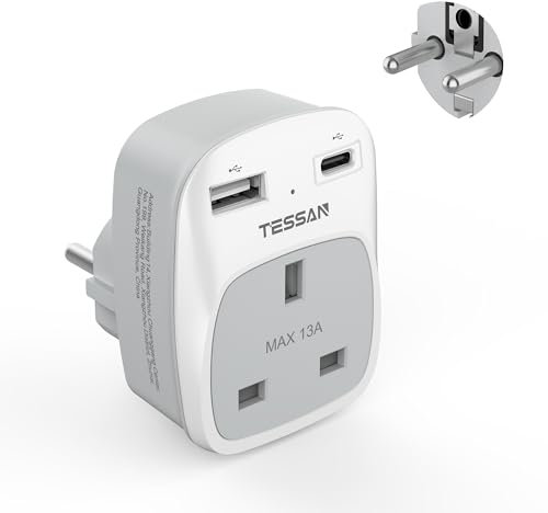 UK to European Travel Plug Adapter, Schuko Grounded Euro EU Plug Adapter with 2 USB Ports (1 USB C), for Most of Europe Spain Germany France Iceland Poland Russia and More (Type E F)