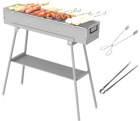 Portable Charcoal Grill, Stainless Steel BBQ Grill with Foldable Stand Adjustable Air Vents, Kebab Skewer BBQ Barbecue Grill Kit for Garden Backyard Party Picnic Travel Outdoor Use (31.6x7.1inch)