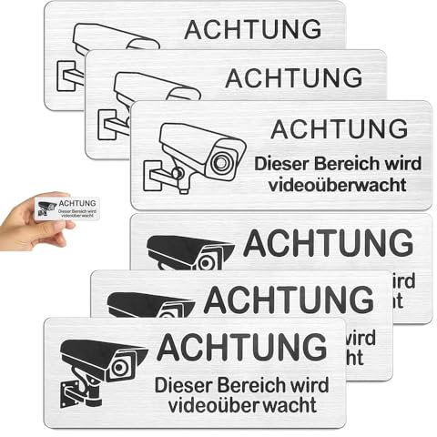 Hinweisschild Achtung Videoüberwachung,6 Stück Videoüberwachung Schild,Video Hinweisschild Gebürsteter,Selbstklebend Aluminium Schild Warnschild,Für Aufzug, Briefkasten Usw