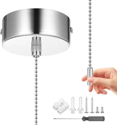 WUISOLQP Bathroom Light Pull Cord Switch Chrome Round Light Switch Ceiling Light Top Mounted Chrome Chain Fitting Kit Pendant Light 150cm Cord Pull String for Bathroom Chandeliers Accessories Silver