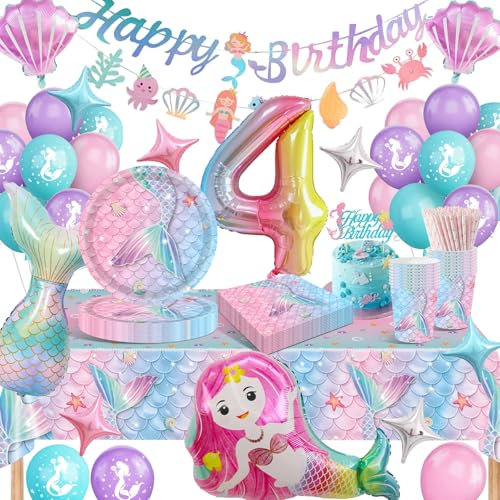 YEJIKJ Vajilla para Fiesta de Sirena - Decoraciones para Cumpleaños 4 Años - Platos y Vasos para 16 Invitados - Juego de Sirenita para Niña