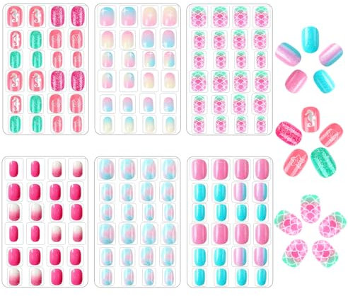 Ninnyi 144 PCS Kids Press on Nails, Full Cover Glitte Children Short Fake Nail Stickers for Art Decoration
