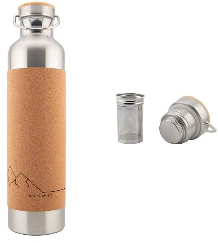 Salty Mind Edelstahl Trinkflasche 1000ml + Teesieb - Nachhaltige, isolierte Thermo Wasserflasche Edelstahl auslaufsicher - Iso Flasche ohne Schadstoffe, BPA frei - Thermotrinkflasche (Berge-Gravur)