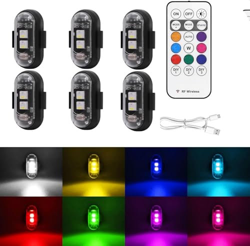 Drahtloses Auto LED Blitzlichter mit Fernbedienung, Kabellose LED Blitzleuchte mit Hoher Helligkeit, 8 Farben LED-Antikollisionslichter, Blinklichter für Motorrad, Drohne (6Stück)