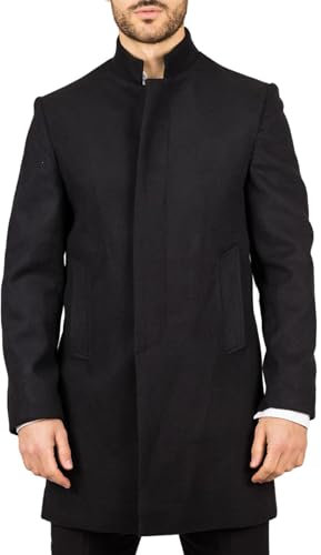Men's Overcoat Stand Collar Wool Blend Classic Trench Coat Winter Jacket - Black XL