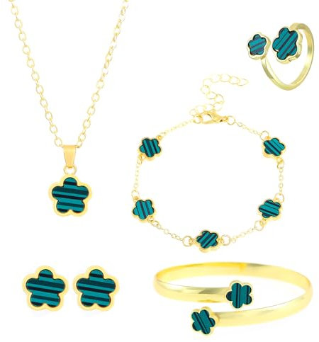 FDEETY Schmuck Set Glückliches Fünfblättriges Kleeblatt Legierung Schmuckset 5 Pcs Ring Ohrringe Armbänder Halskette ideal für Geschenke Besondere Anlässe und Frauen（Grün）