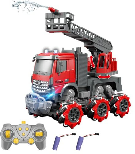 Hanzete Remote Control Fire Ladder Toy 1/14 2.4GHz Electric Remote Control Fire Ladder Truck Construction Vehicles Toys with Lights and Music Mecanum Wheel One-Key Demonstration Engineering Car Toy fo