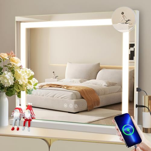 Mursche Hollywood Schminkspiegel mit Beleuchtung - 50x40cm Dimmbare LED Spiegel mit 3 Farblichtmodi, 5 Facher Vergrößerung Spiegel, USB Anschluss für Schlafzimmer, Ankleidezimmer