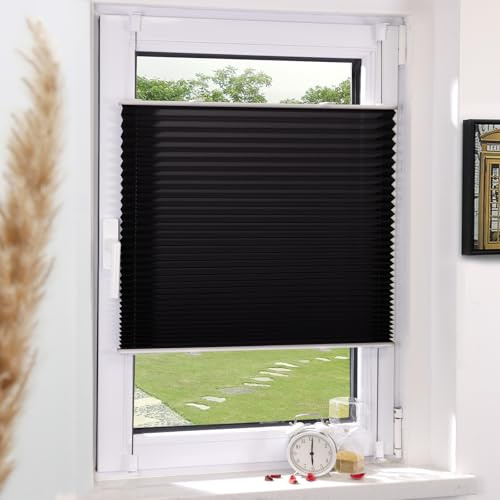 Grandekor Plissee Klemmfix ohne Bohren Schwarz 80x120cm(BxH) | Lichtdurchlässig & Blickdicht Jalousie Faltrollo Sichtschutz und Sonnenschutz für Fenster & Tür einfache Montage